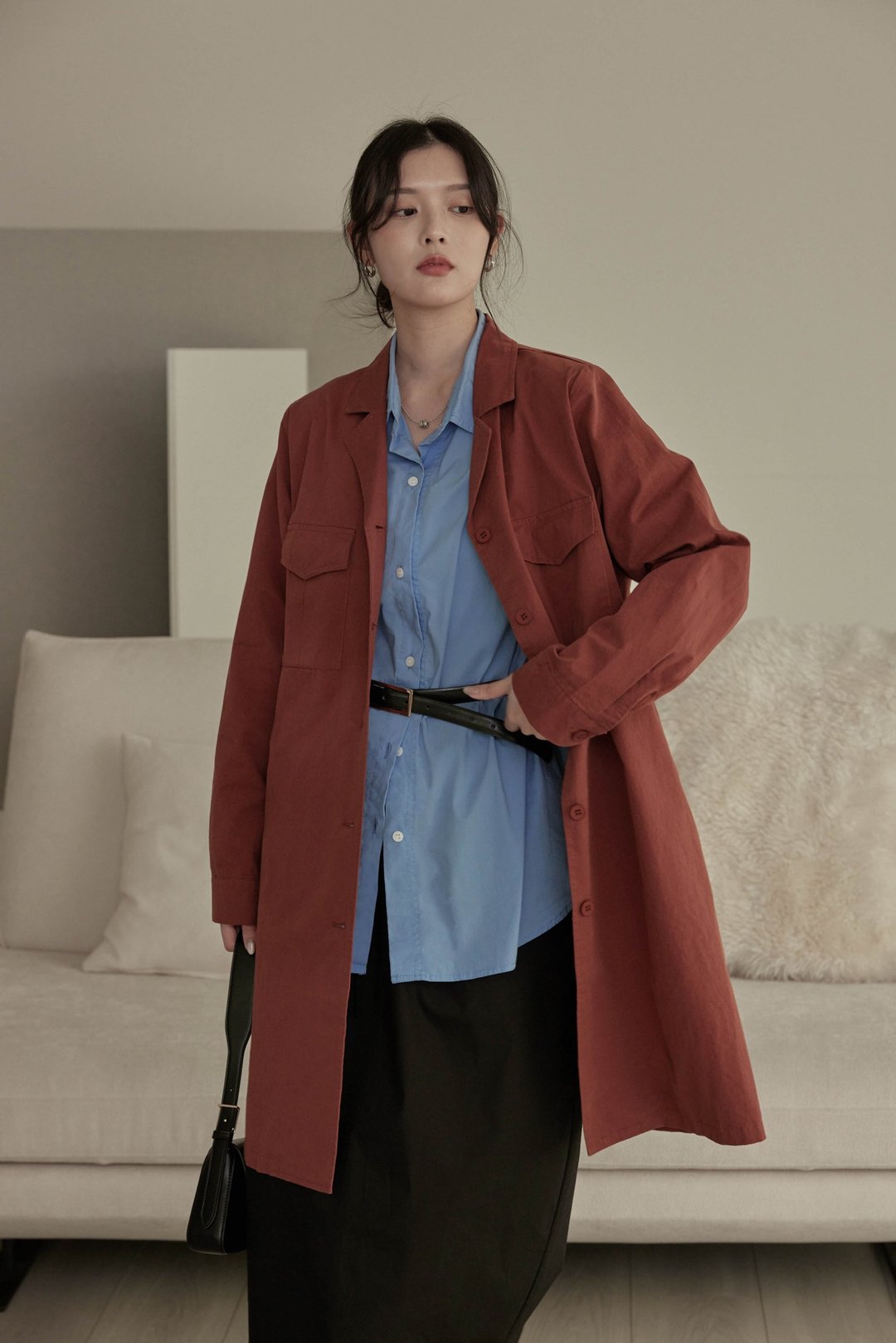 翻领双口袋中长版风衣(砖红) - 女装休闲/机能外套 - 其他材质 红色
