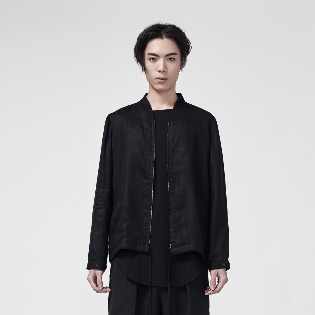 TRAN - V领麻质抽绳夹克 - 其他 - 其他材质 黑色