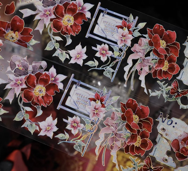 落霞光 復古椿花稿 PET 紙膠帶 鐳射金 鐳射銀 虹光 10米卷 - 纸胶带 - 其他材质 红色