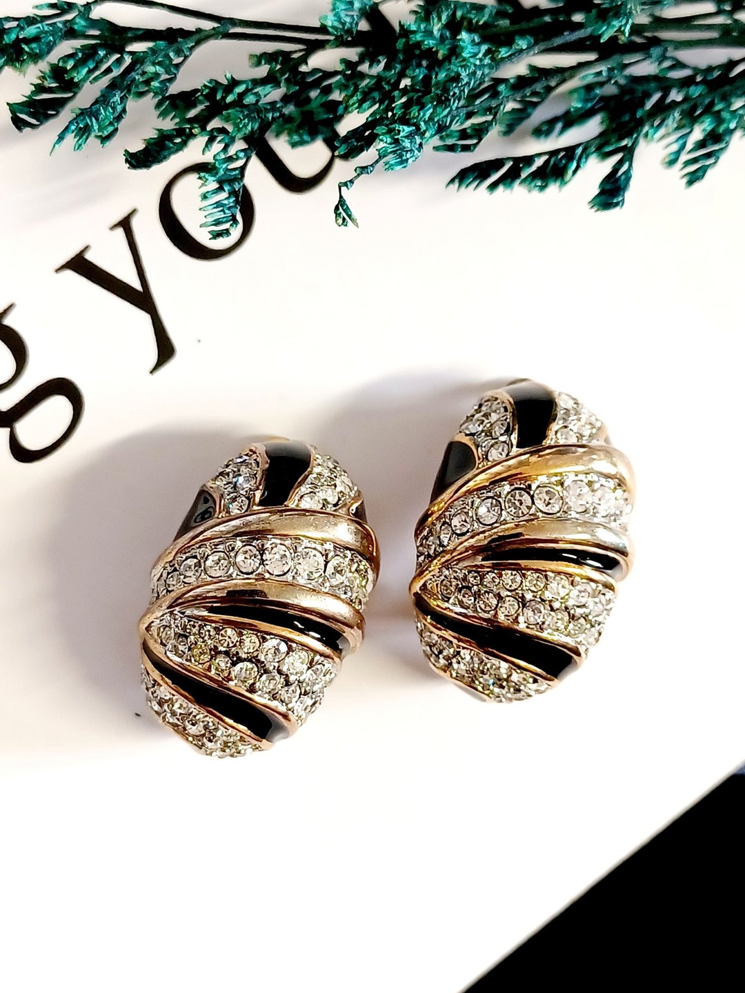 vintage jewelry  黑珐琅满星莱茵钻 夹式耳环 - 耳环/耳夹 - 其他金属 