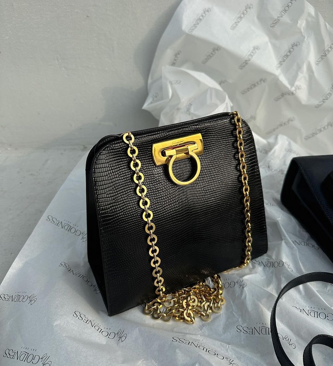 中古包 Ferragamo菲拉格慕 蜥蜴系列博物馆斜背包 - 侧背包/斜挎包 - 真皮 黑色