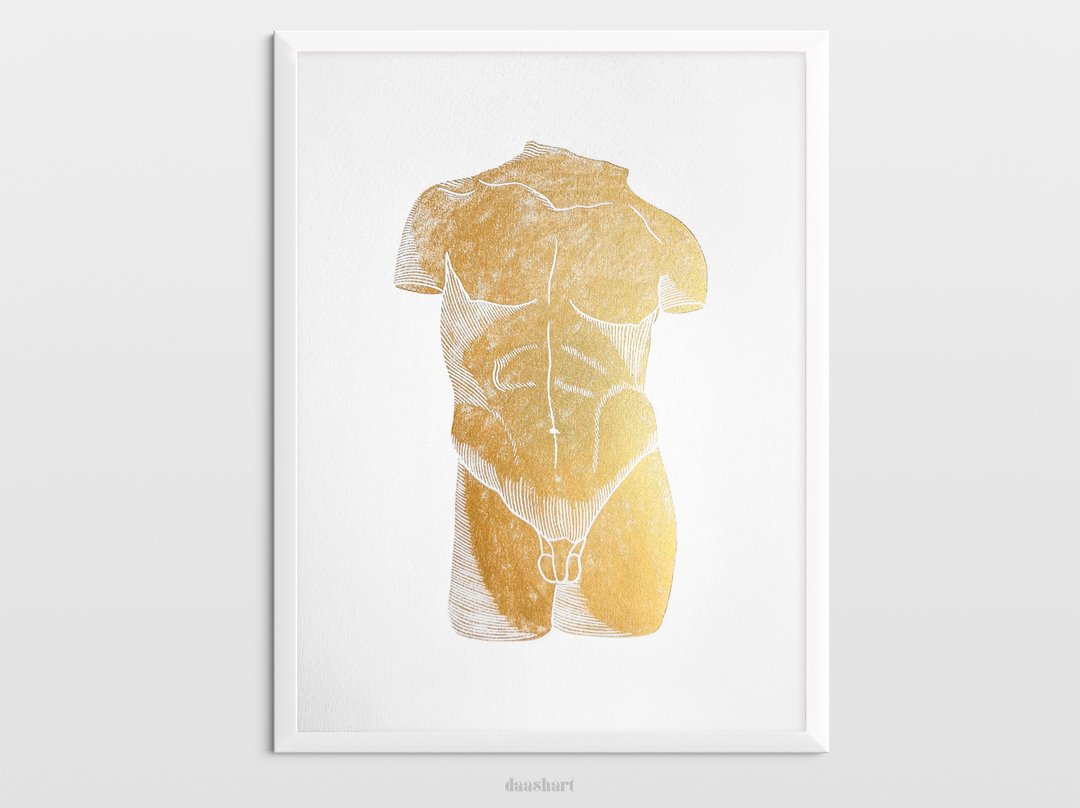 Gold male nude art Linocut print Bust original artwork Housewarming gift - 海报/装饰画/版画 - 纸 金色