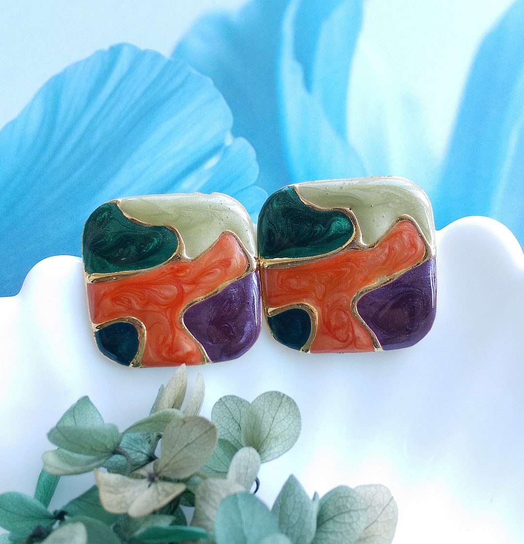 Vintage Jewelry 西洋古董饰品 复古 撞色珐琅 针式耳环 - 耳环/耳夹 - 其他金属 透明