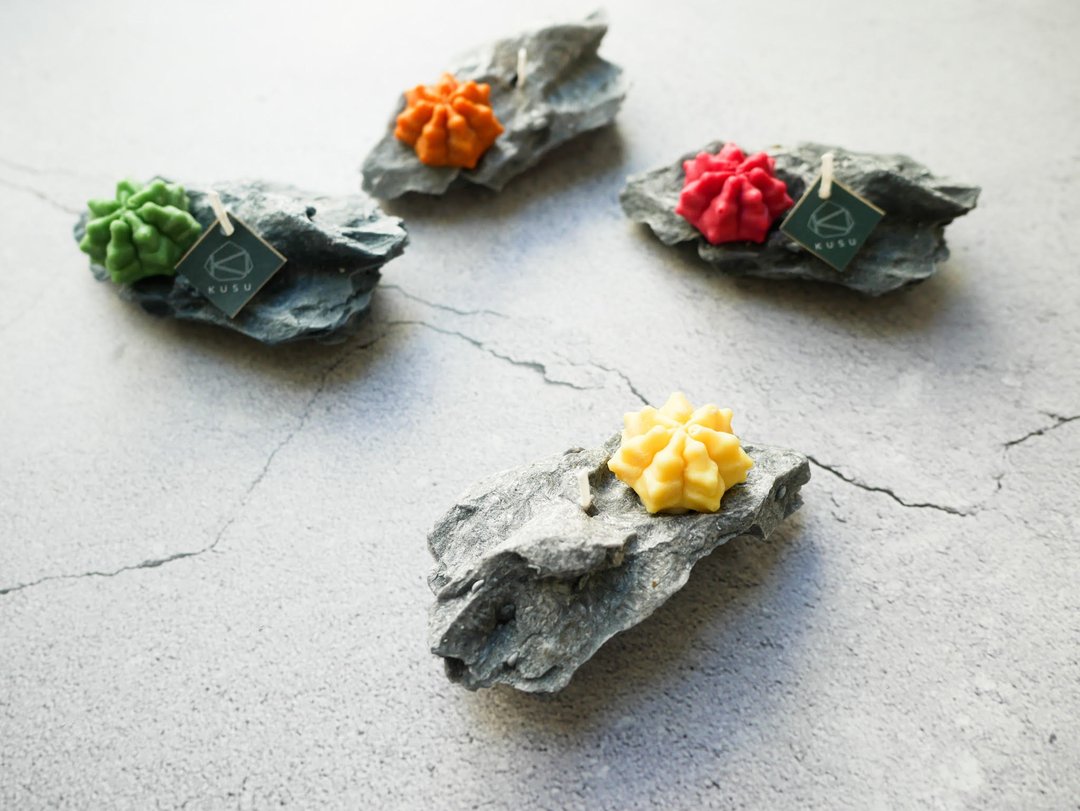 Stone candle decorated with cactus candle - 蜡烛/烛台 - 蜡 多色