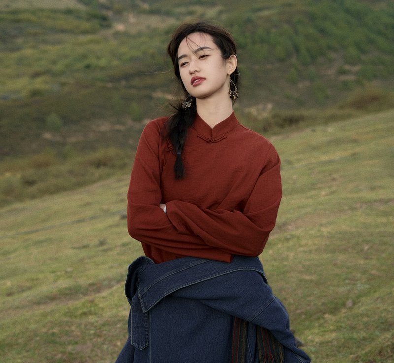 【牧歌】 城市游牧风/藏族元素/素雅立领长袖 - 女装上衣 - 其他材质 红色