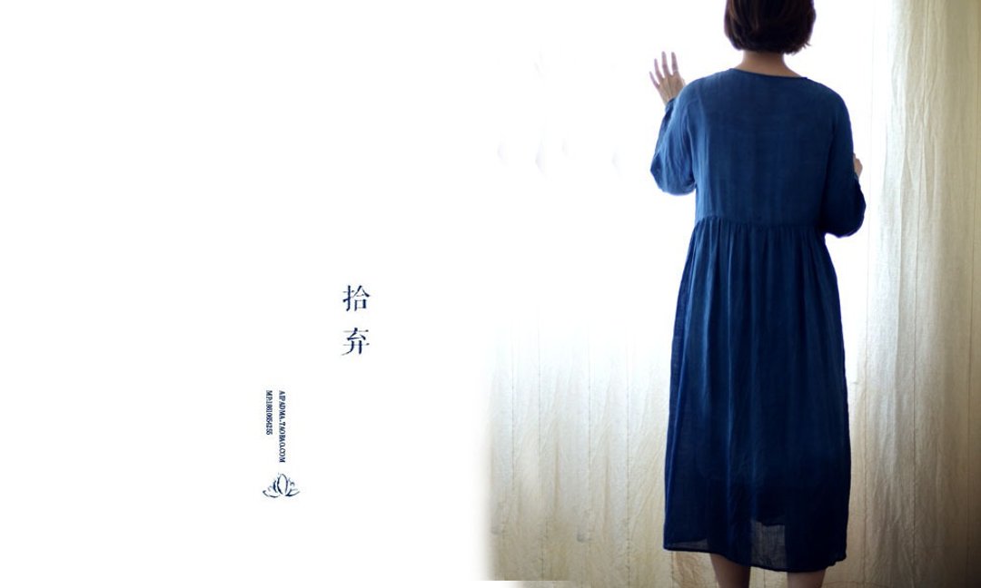拾弃原创设计。苎麻蓝染手绘蜡染斜襟系带连衣裙防晒外套两穿 - 裙子 - 棉 