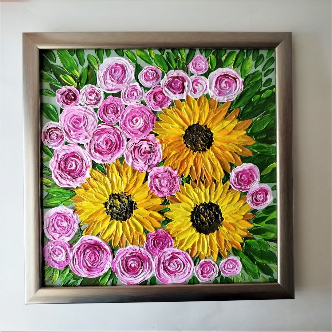 Handmade Acrylic Textured Painting Bouquet of Sunflowers and Roses Flower Art - 墙贴/壁贴 - 压克力 多色