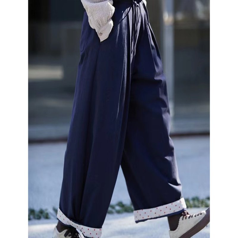 靛青色双股纱支织造松紧腰直筒棉裤 - 女装长裤 - 棉．麻 