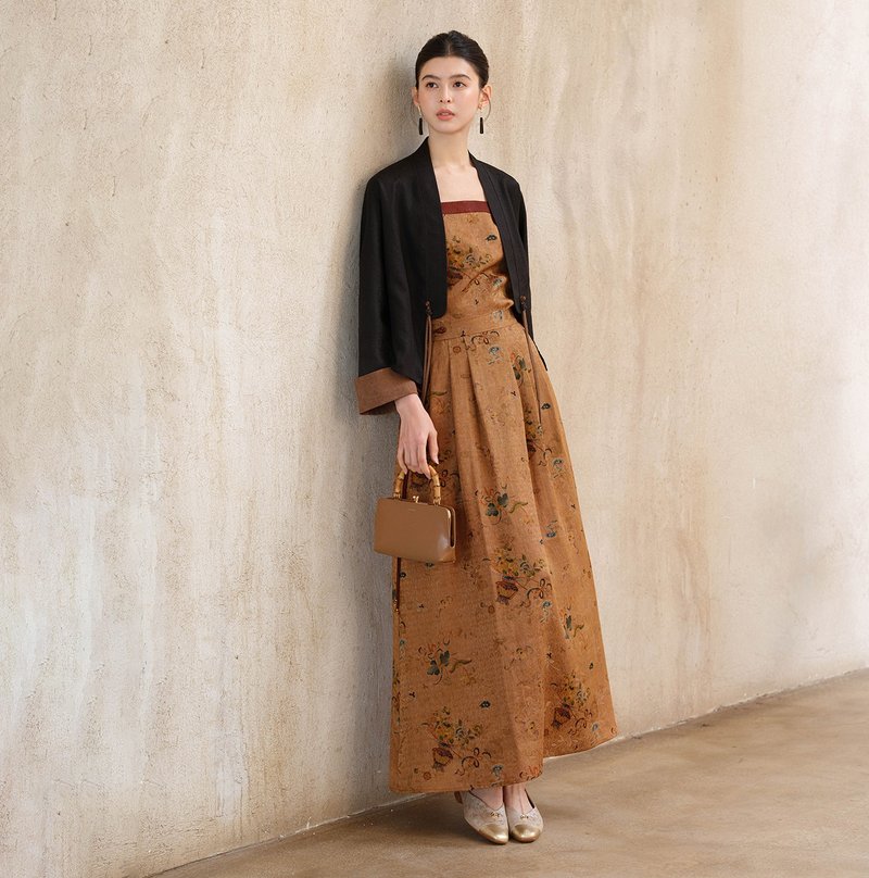 【100桑蚕丝】新中式复古中国风 香云纱撞色短外套/吊带上衣/半裙 - 女装上衣 - 丝．绢 咖啡色
