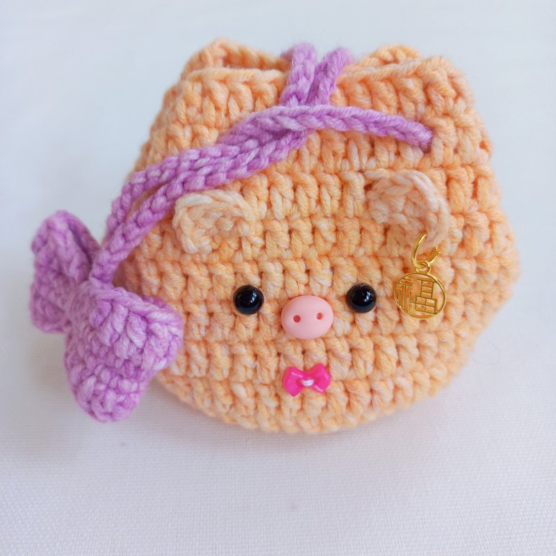 蝴蝶结小猪折口迷你钩织束口袋 - 束口袋双肩包 - 棉．麻 橘色