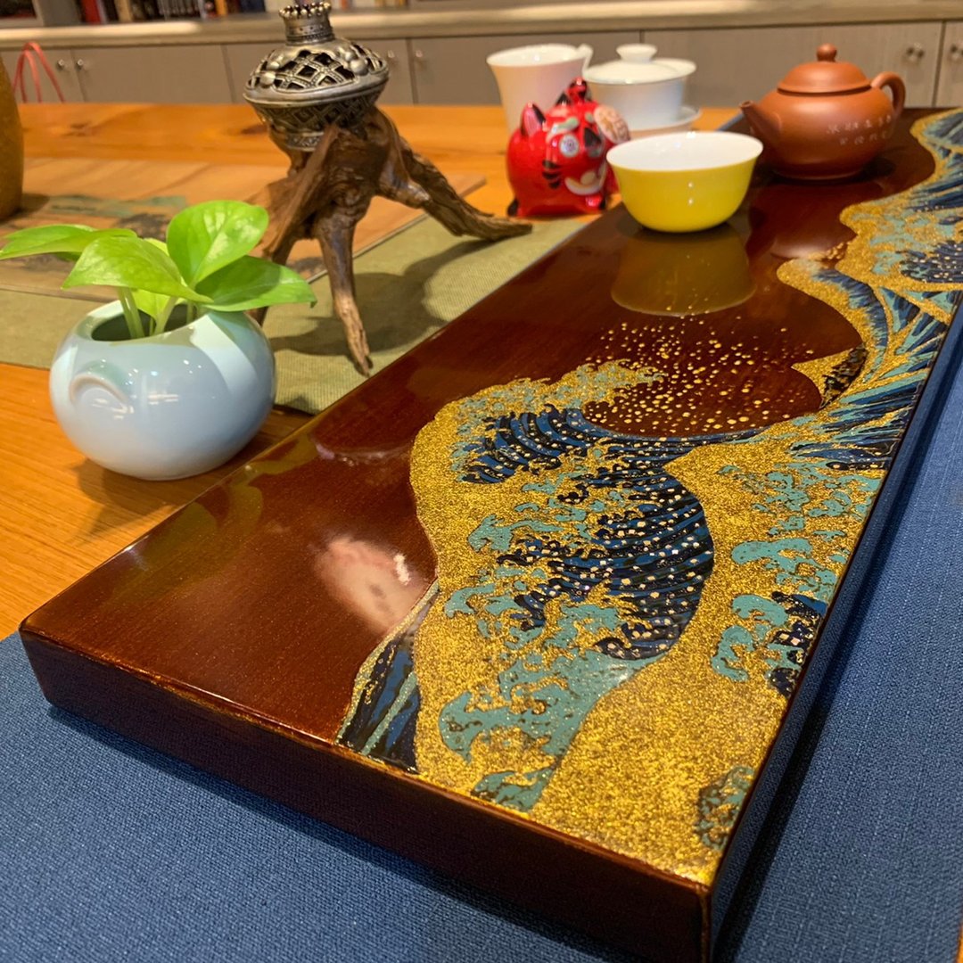 浮世绘大师葛饰北斋风格 - 神奈川冲浪里漆器板(红棕) - 摆饰 - 木头 红色