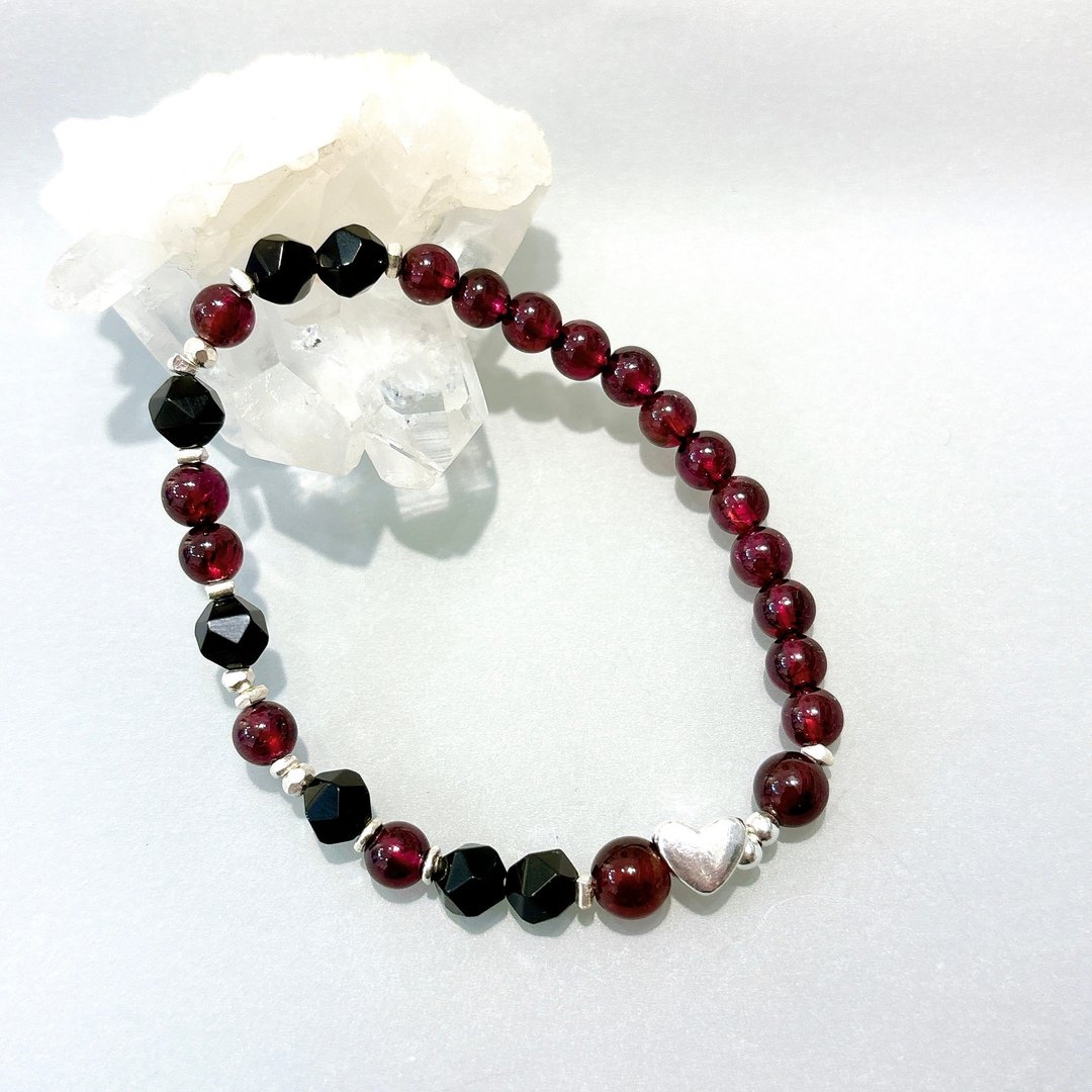 Ops Garnet bracelet-纯银/石榴石/黑曜石/弹性/手链 - 手链/手环 - 宝石 红色