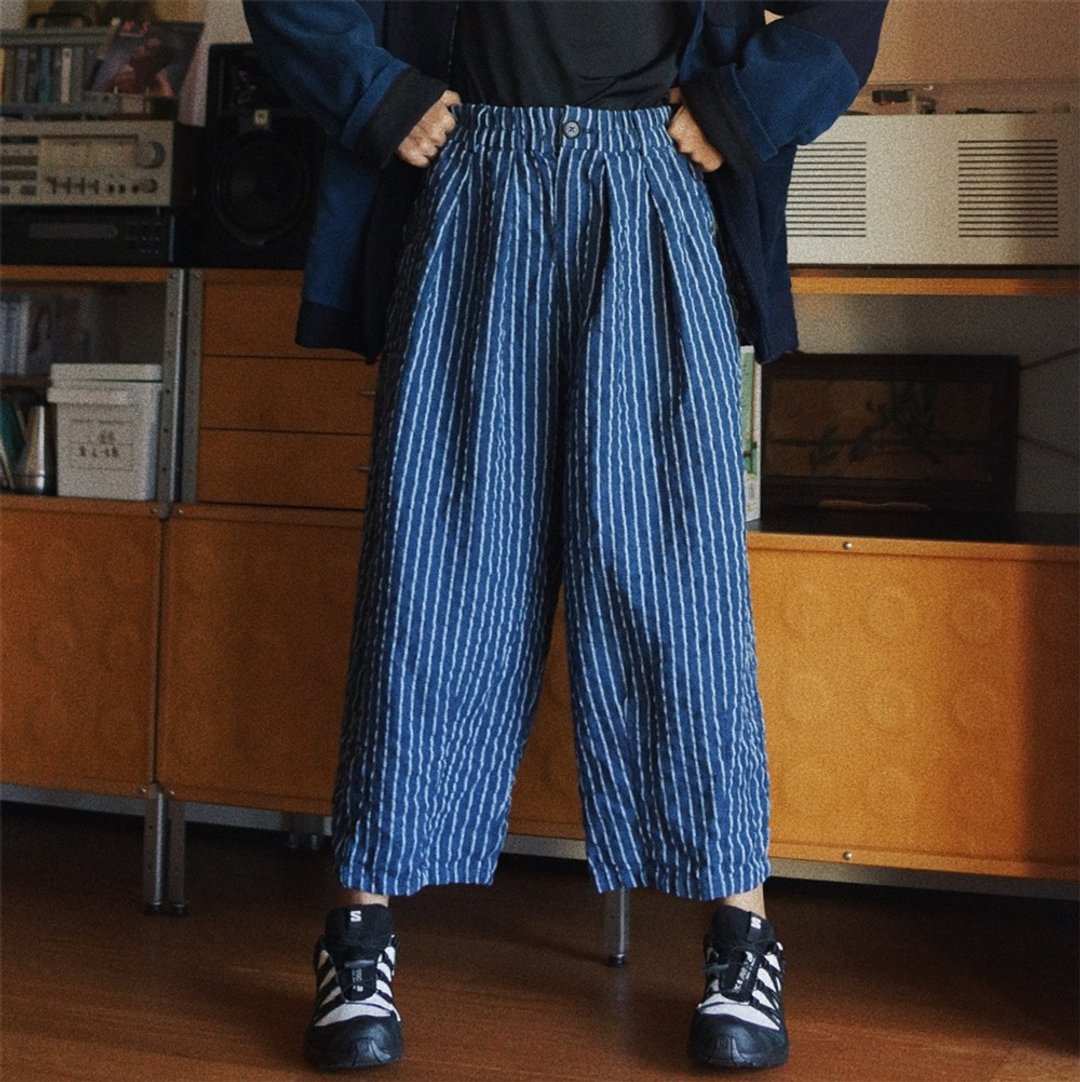 藍白條紋砂洗重磅亞麻 大廓形燈籠褲 中性百搭 松緊腰圍 - 女装长裤 - 棉 蓝色