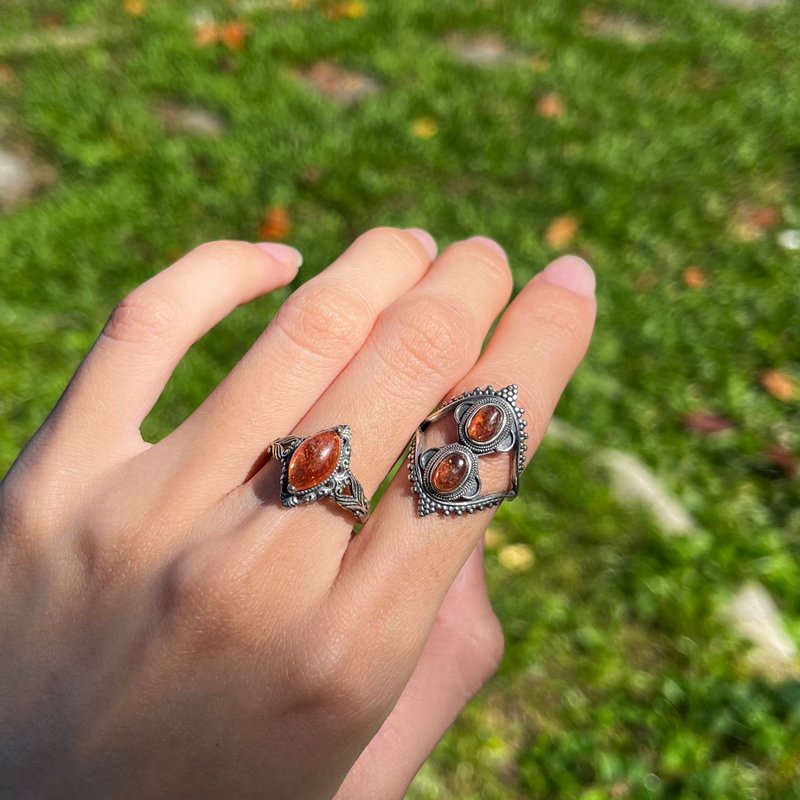 喜迎瑶 925银 金太阳 太阳石 天然石 活口 戒指 民族风 嬉皮 男女 - 戒指 - 水晶 橘色