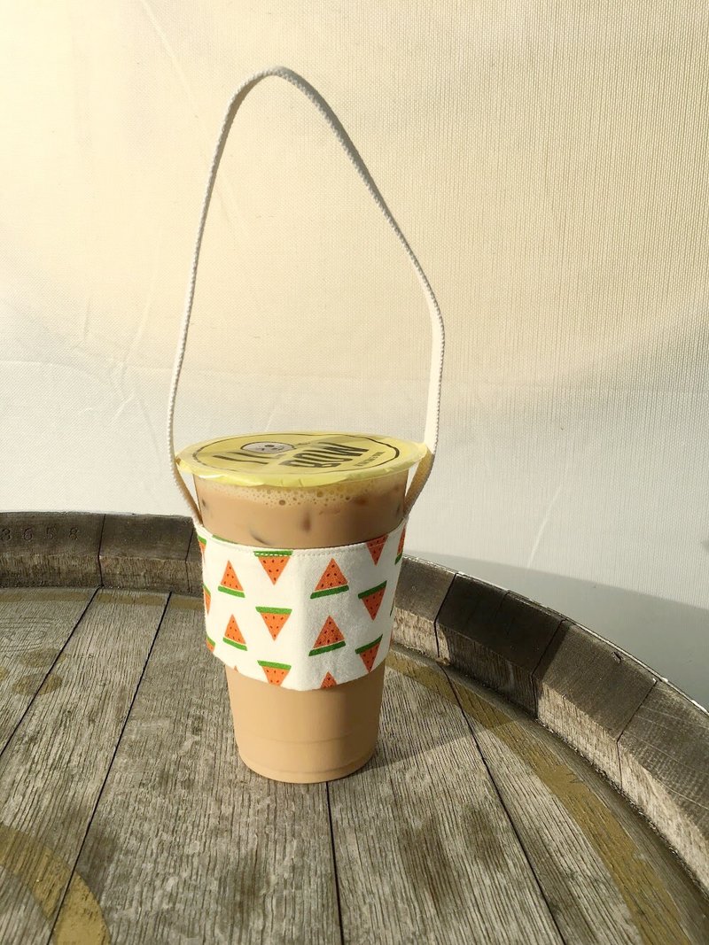 印花布饮料提袋。大红西瓜 - 随行杯提袋/水壶袋 - 棉．麻 红色