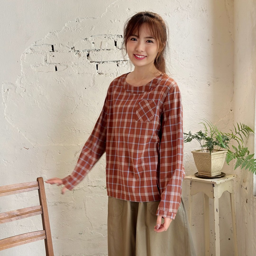 Hana Mokuba 格纹圆领两侧松紧收口上衣 - 女装上衣 - 其他材质 