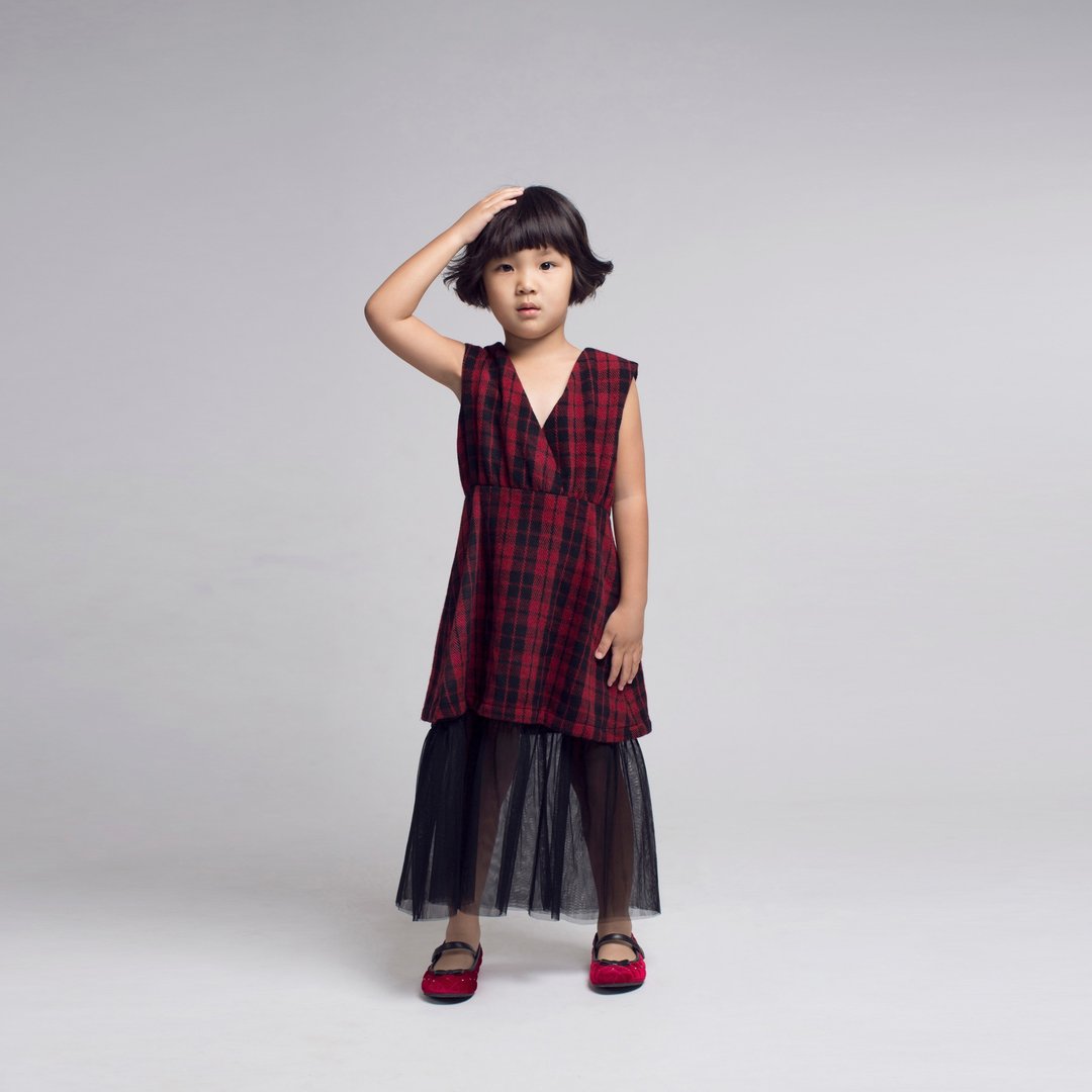Mesh Skirt Tartan Check Dress / FW2016 - 童装礼服/连衣裙 - 羊毛 红色