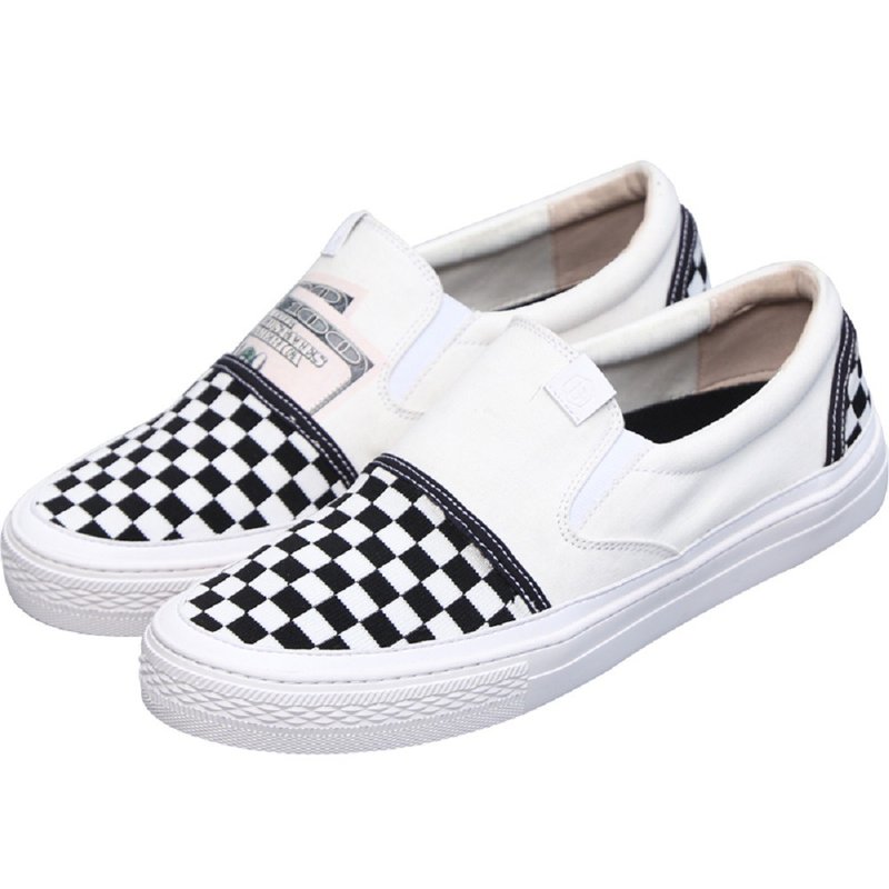 微瑕疵清仓 夏季低帮 透气 格子拼色 懒人鞋 帆布休闲鞋 - 男款休闲鞋 - 棉．麻 白色