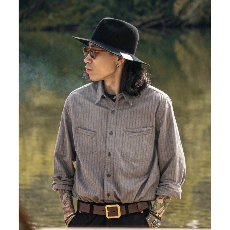 工装长袖衬衫 西部衬衫 胡椒盐条纹 五色纱织 秋冬 美式复古 - 男装衬衫 - 棉．麻 灰色
