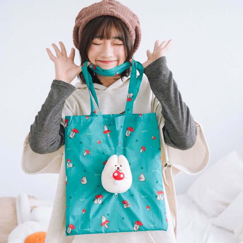 麻糬兔蘑菇娃娃收纳环保袋Eco shopping bag - 手提包/手提袋 - 防水材质 绿色