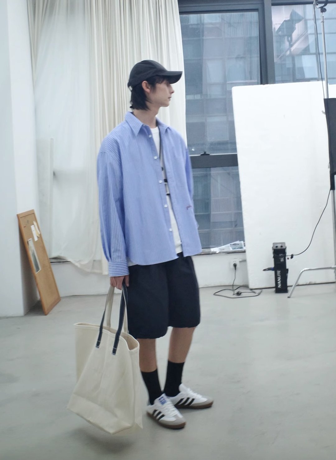 门前的风 日系复古条纹长袖衬衫 - 男装衬衫 - 其他材质 蓝色