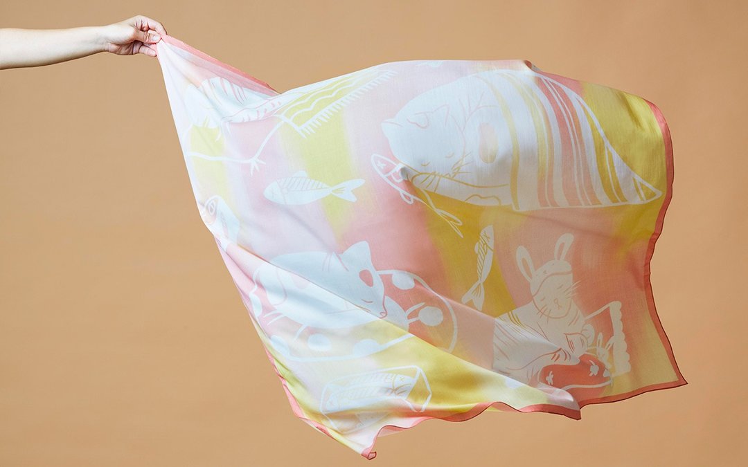 Tencel Sleepy Cats Poppy,  天丝, Scarf, Shawl, Maroon - 丝巾 - 棉 粉红色