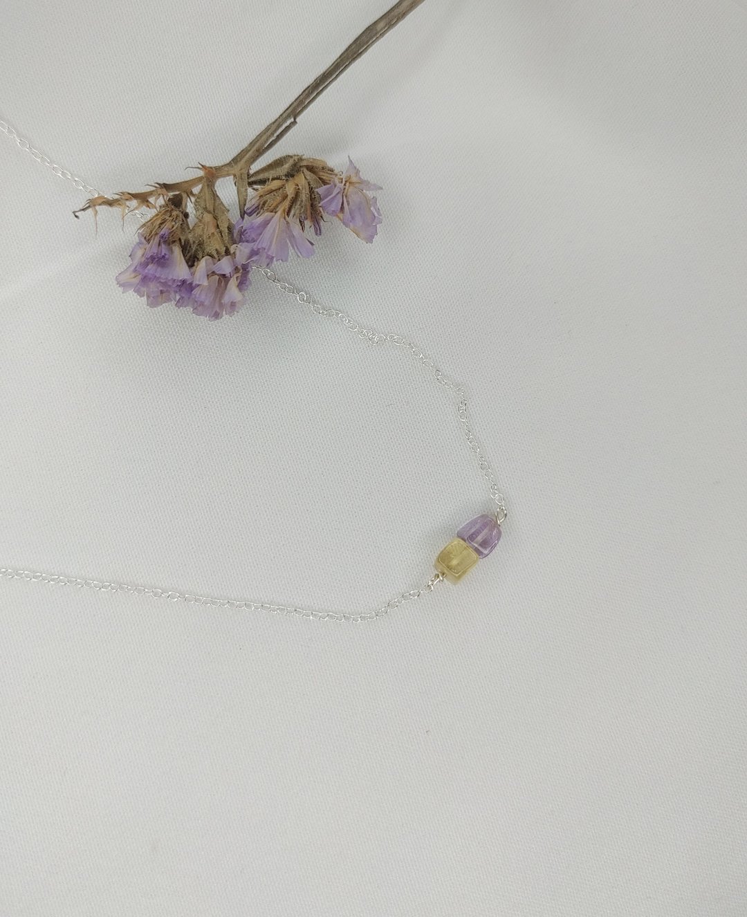 冰晶银项链  925纯银  茶晶  紫水晶  手作 - 项链 - 纯银 银色