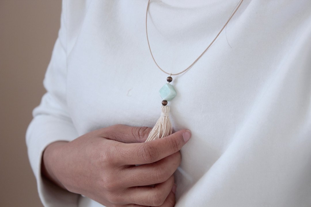 ［Tassel－square］天然石 手工雕凿 薄荷绿 流苏 项链 颈链 石雕 - 项链 - 石头 绿色