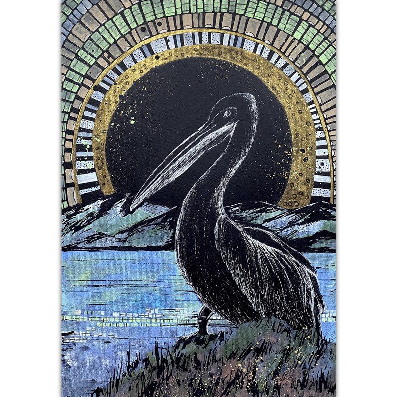 Pelican painting Bird Original art Landscape wall art Black paper artwork - 海报/装饰画/版画 - 纸 黑色