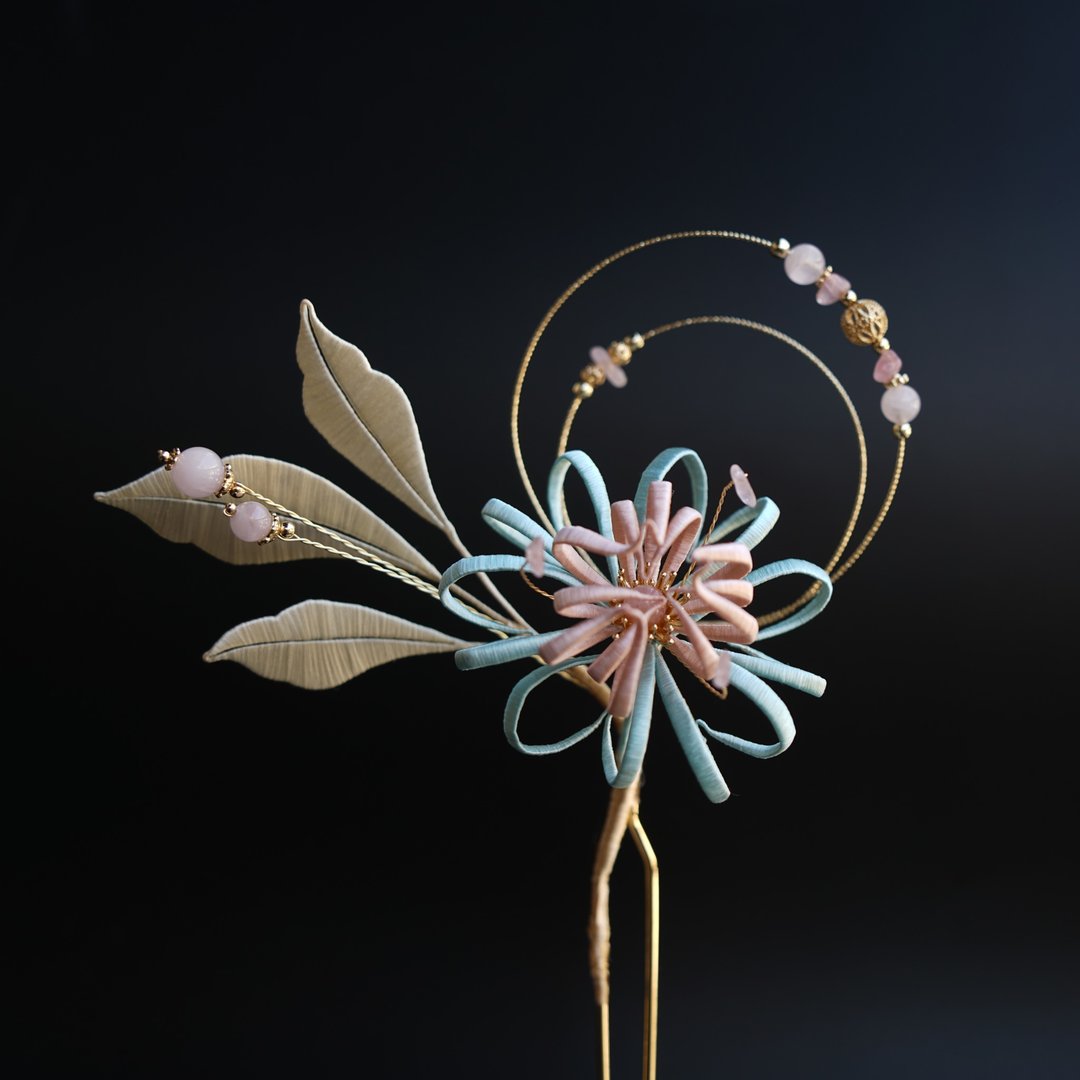 【花火】天然石 春仔花 缠花 发簪 | 粉晶 莫兰迪色 - 发饰 - 绣线 多色