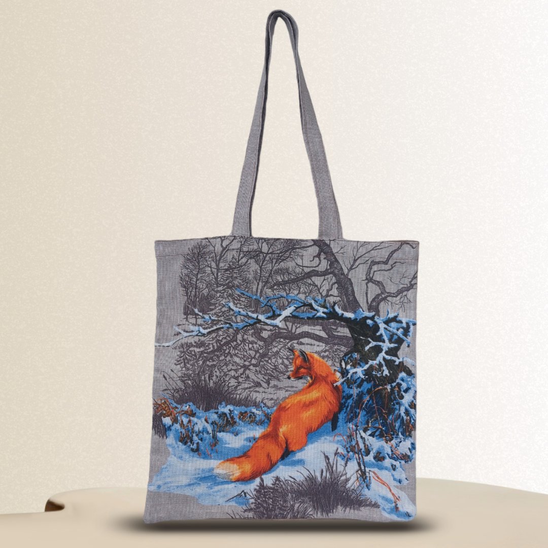 Strong reusable brown tote bag, eco friendly, cotton canvas soft bag with a fox - 手提包/手提袋 - 棉．麻 咖啡色