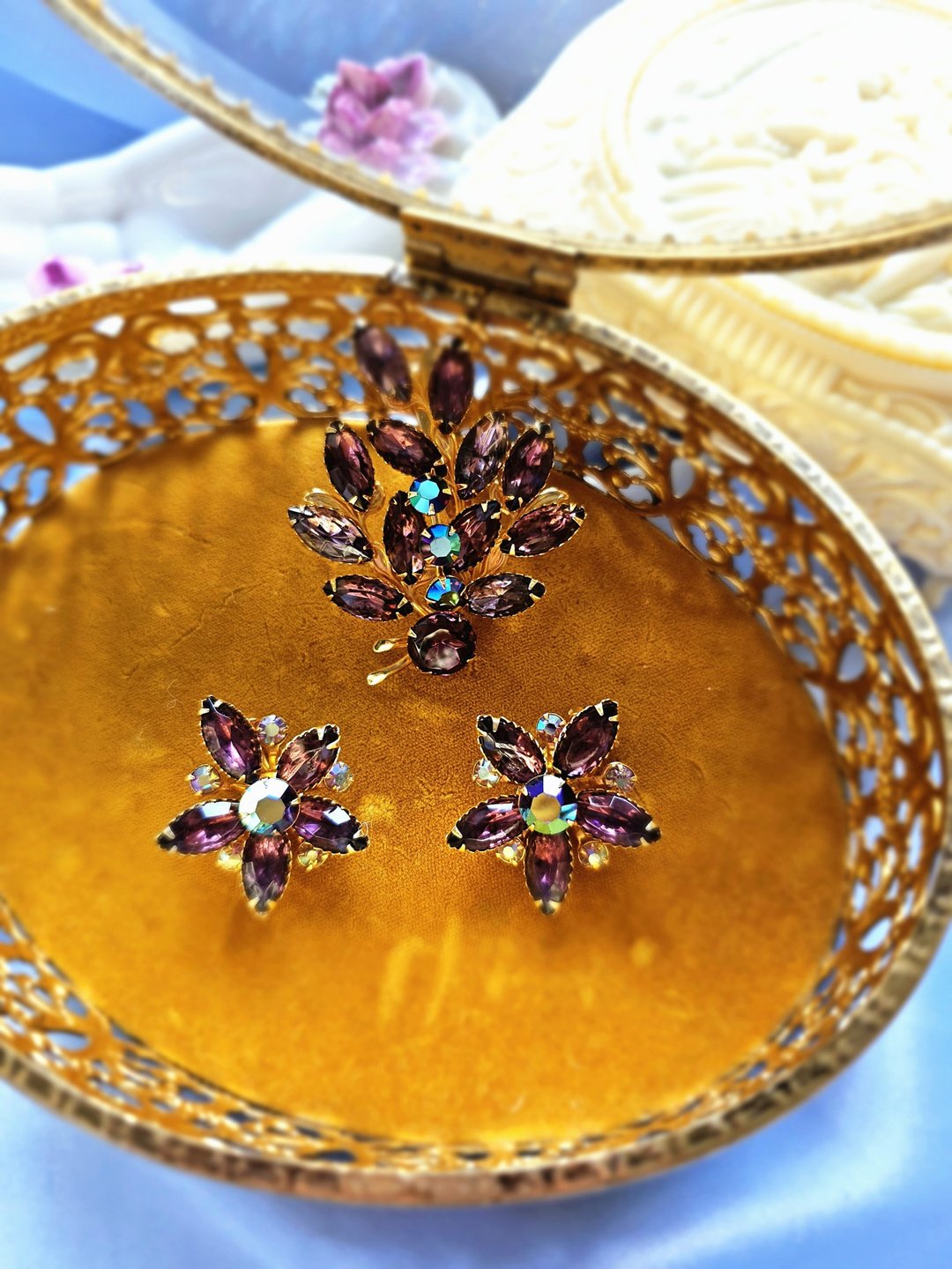 Beau Jewels葡萄紫梨型莱茵火光花形胸针/耳环/套组/美国西洋古董 - 耳环/耳夹 - 其他金属 