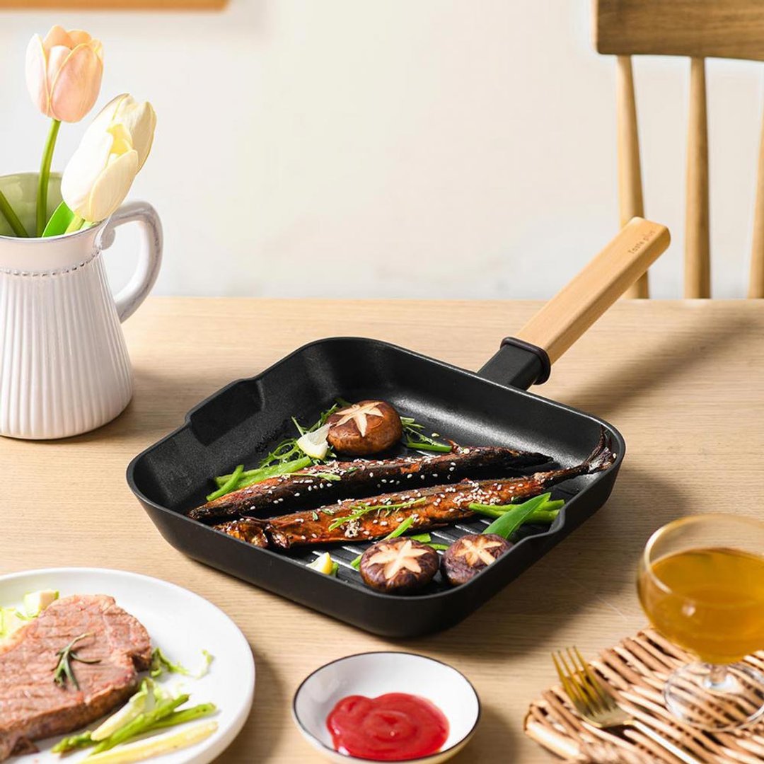 【Taste Plus】悦味元木 不沾锅方型平底锅 牛排锅 煎盘烤盘-24cm - 锅具/烤盘 - 铝合金 黑色