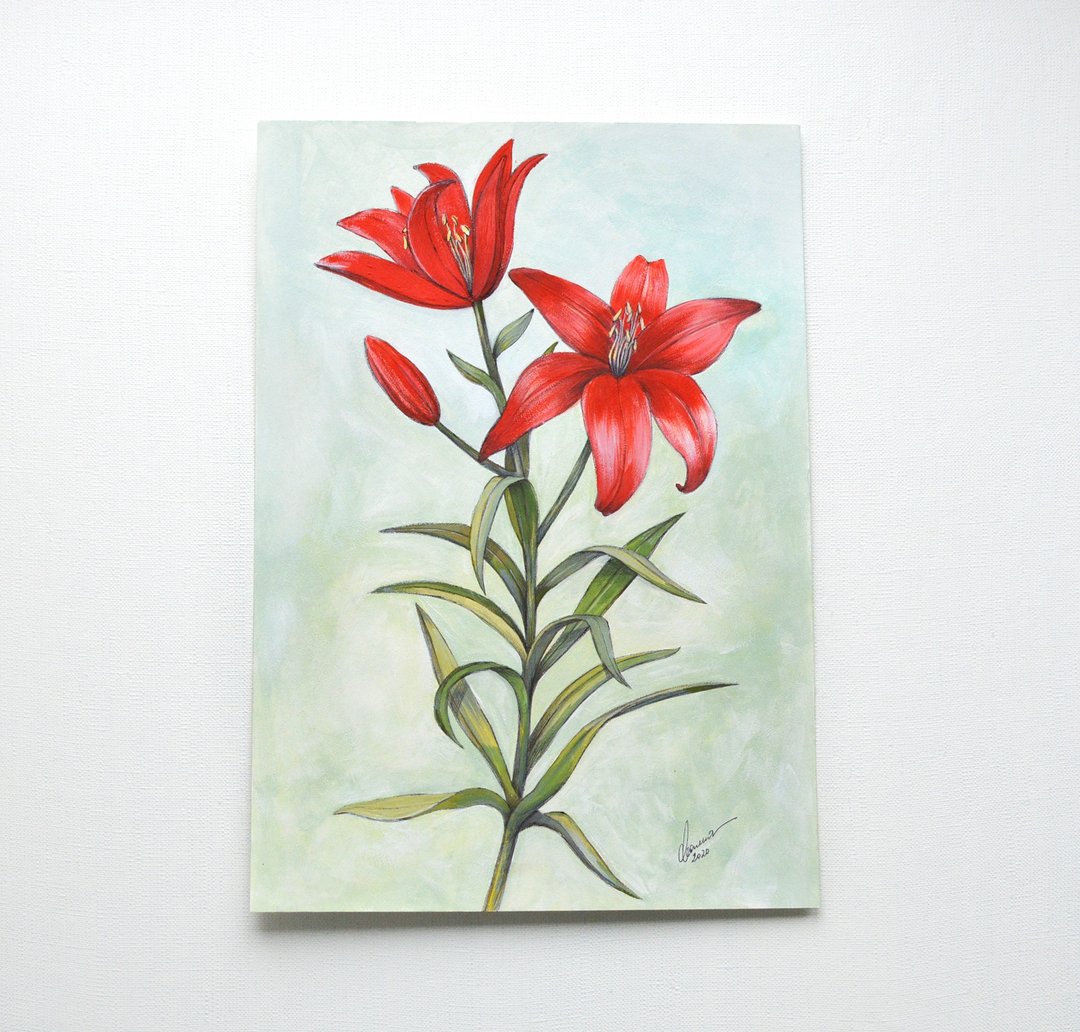 红百合原创水粉画 30x21cm 红百合艺术红色花朵画 - 插画/绘画/写字 - 纸 红色