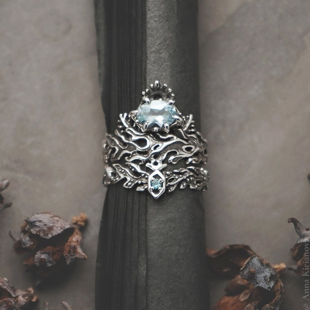 Set of Mermaid Ring with Sky Blue Topaz and Seaweed Ring with London Blue Topaz - 戒指 - 纯银 银色