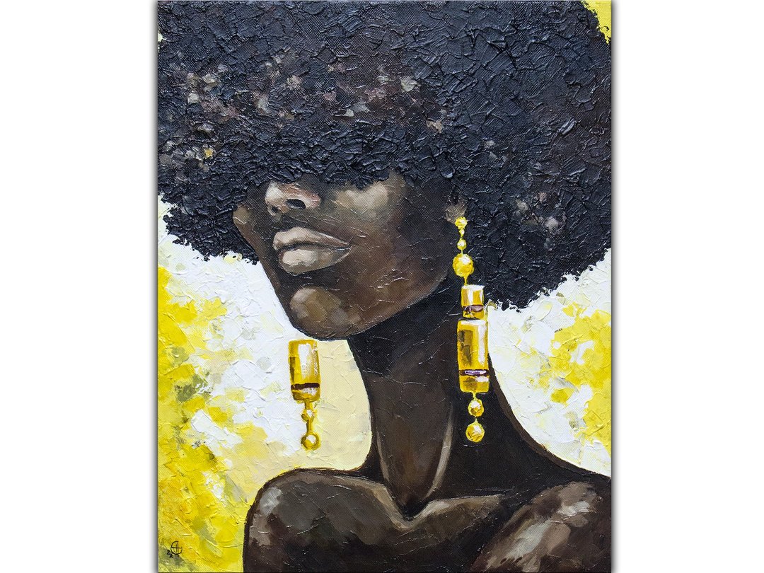 African American Woman Painting Afro Woman Original Oil Painting Balck Woman Art - 海报/装饰画/版画 - 其他材质 黄色