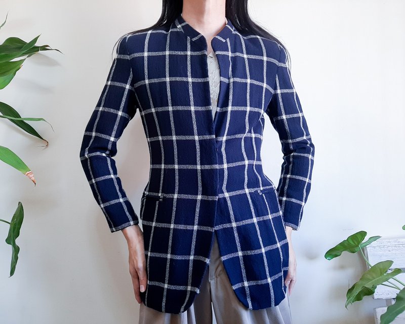 MANI By GIORGIO ARMANI 羊毛格纹西装外套 藏蓝色 42码 意大 - 女装西装外套/风衣 - 羊毛 蓝色