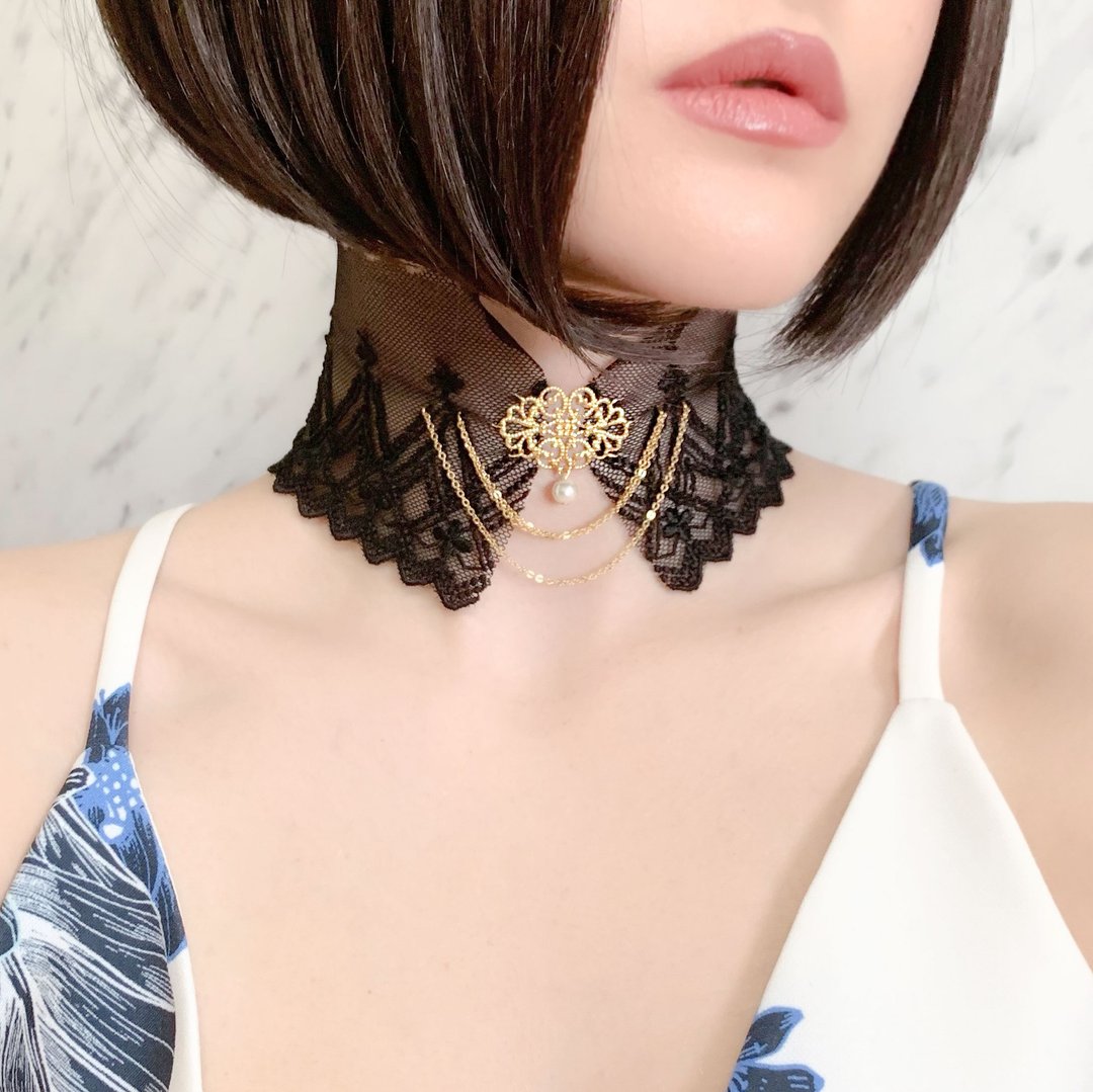 Spider's thread dripping around the neck / black lace collar choker SV053 - 颈链 - 聚酯纤维 黑色