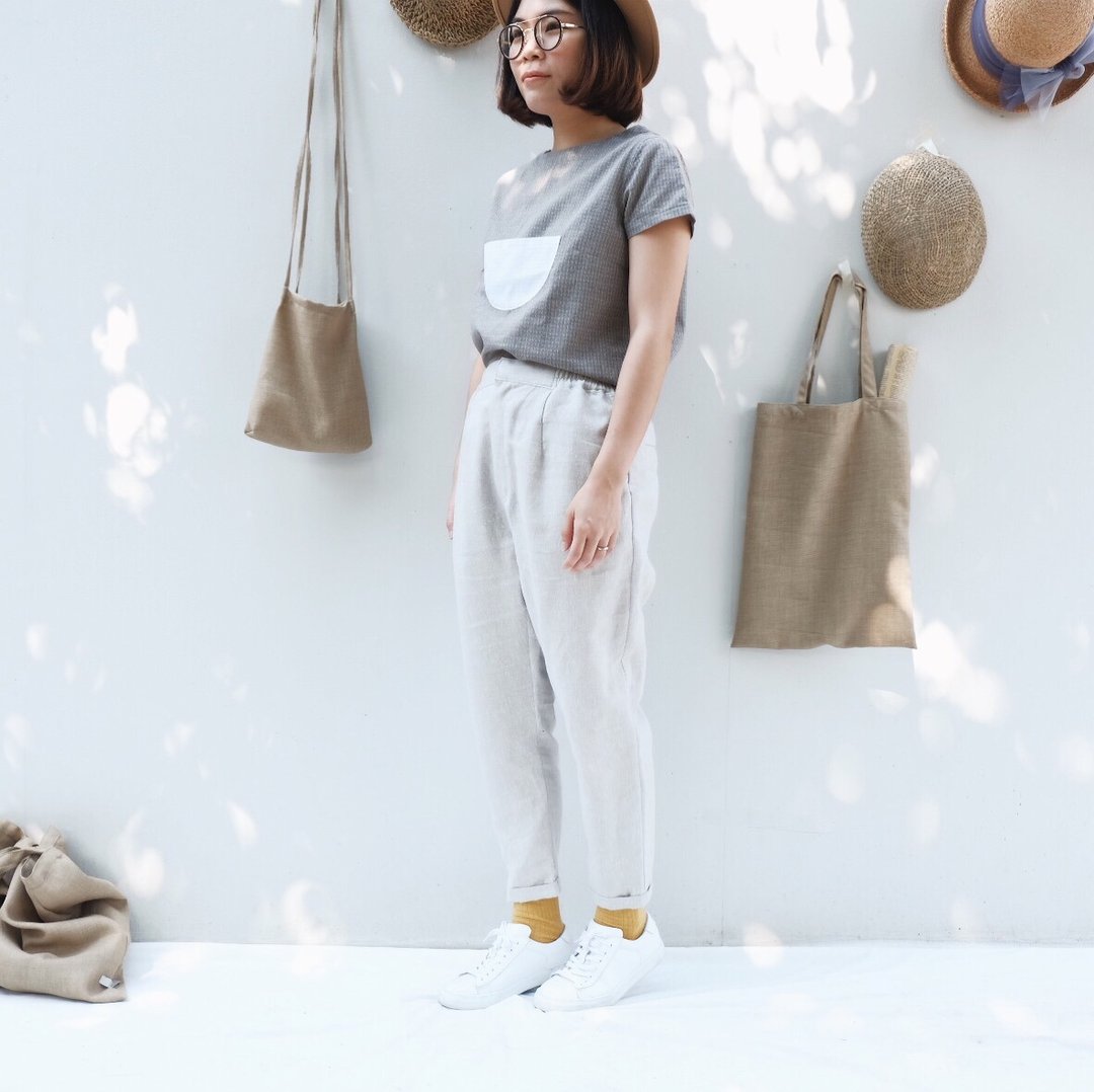 Wavy Trousers : Linen Light Grey - 女装长裤 - 棉 银色