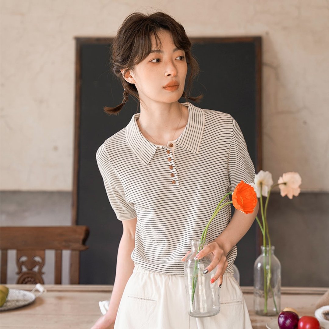 细条纹针织衫|上衣|两色|春夏款|Sora-1162 - 女装针织衫/毛衣 - 其他人造纤维 多色