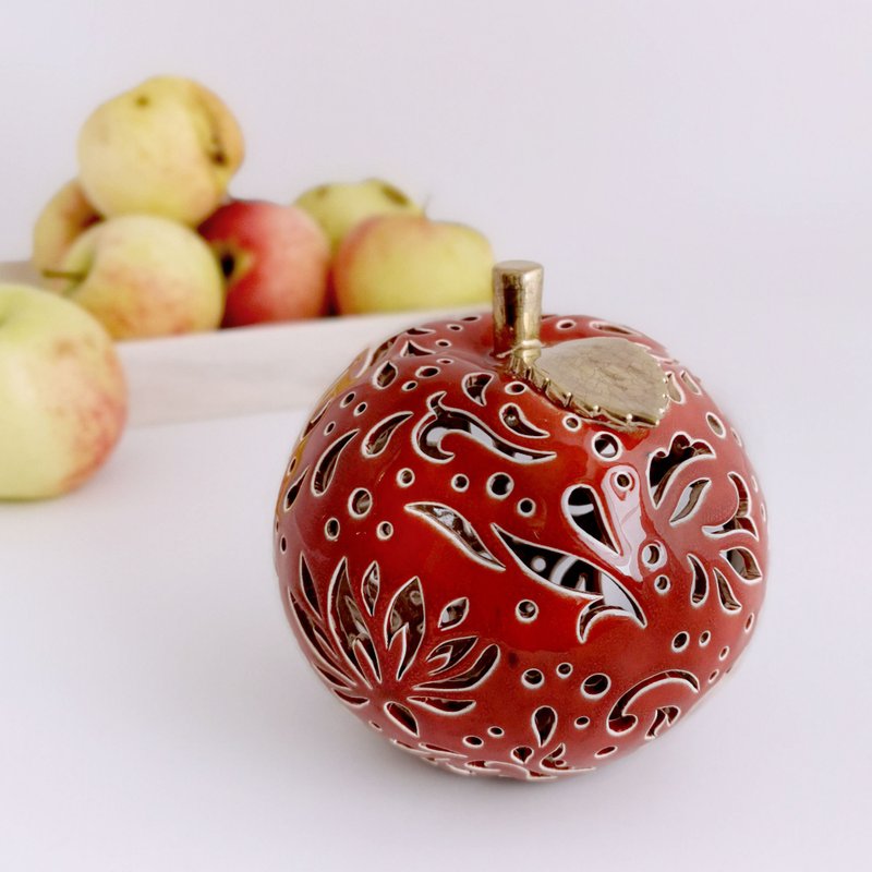 Red Ceramic Tea Light Holder Apple with Gold Leaf - 蜡烛/烛台 - 陶 