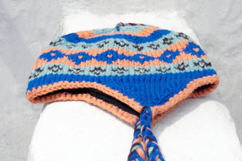 圣诞礼物 创意礼物 手工针织纯羊毛帽 / 手工内刷毛毛帽 / 针织毛帽 / 飞行毛帽 / 毛线帽 - 缤纷糖果色 东欧几何民族图腾 - 帽子 - 羊毛 多色