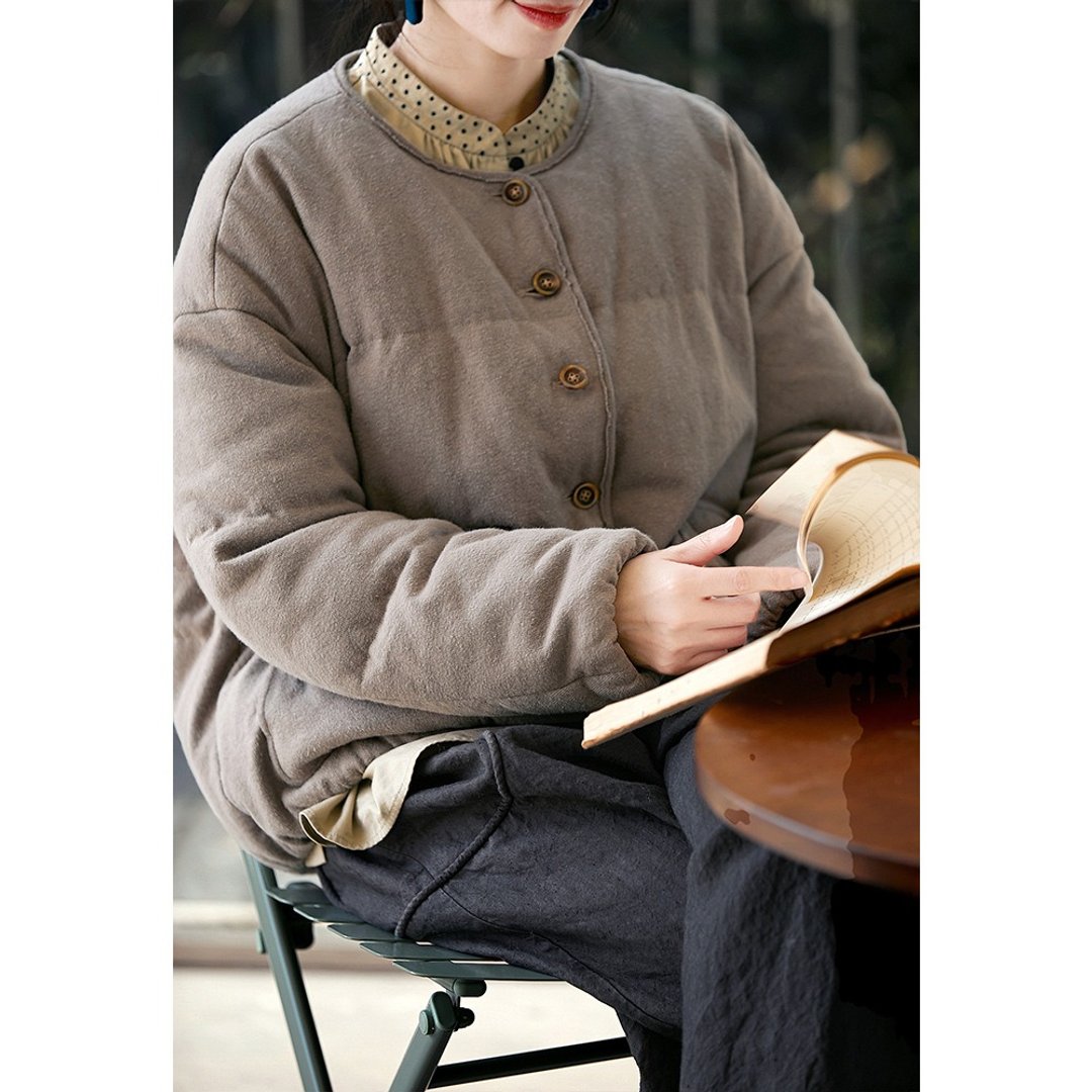 蘑菇灰圆领质朴女款针织羽绒服 - 女装上衣 - 棉．麻 