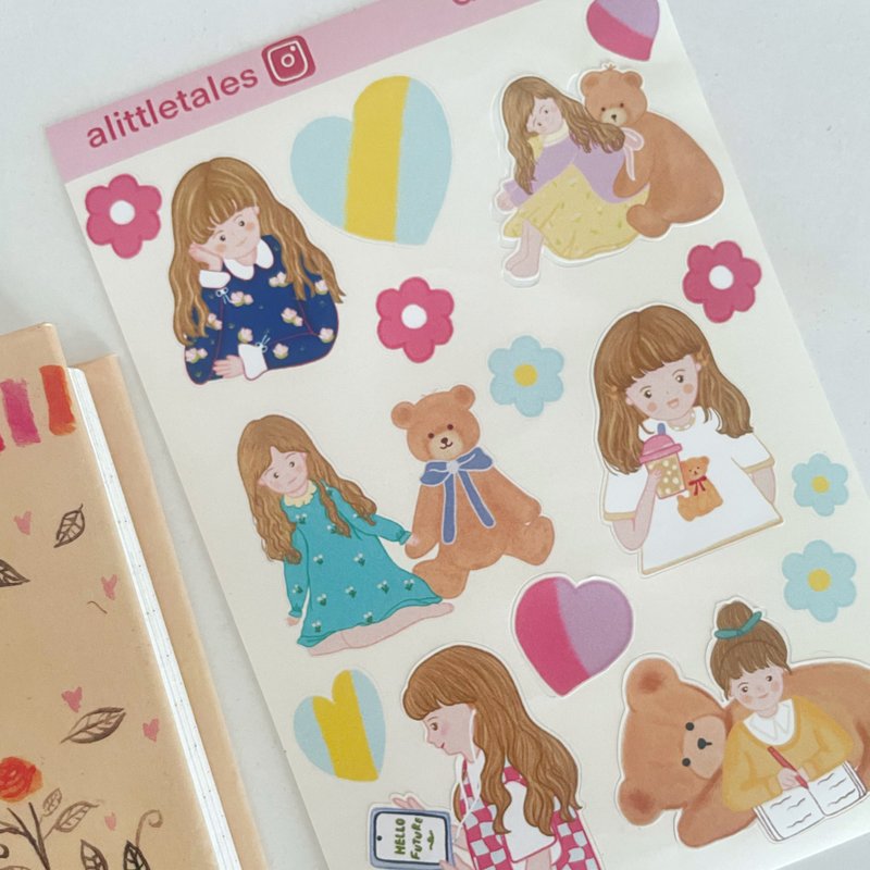 小女孩与小熊的贴纸 - 贴纸 - 纸 粉红色