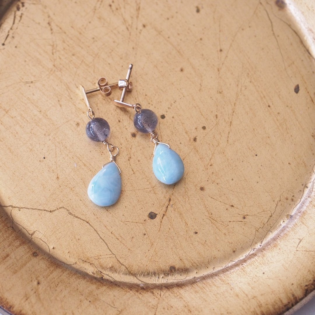 14KGF 拉长石 拉利玛石 手工耳环 天然石 幸运石 Larimar - 耳环/耳夹 - 半宝石 蓝色