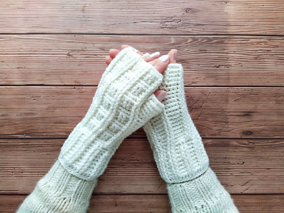Fingerless gloves for computer work, Mittens for women wool, Arm warmer gloves - 手套 - 羊毛 白色