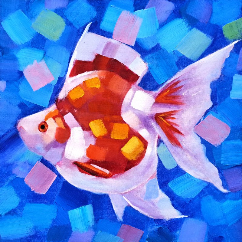 Goldfish Painting Fish Original Art Animal Small Artwork Oil Painting - 海报/装饰画/版画 - 其他材质 多色