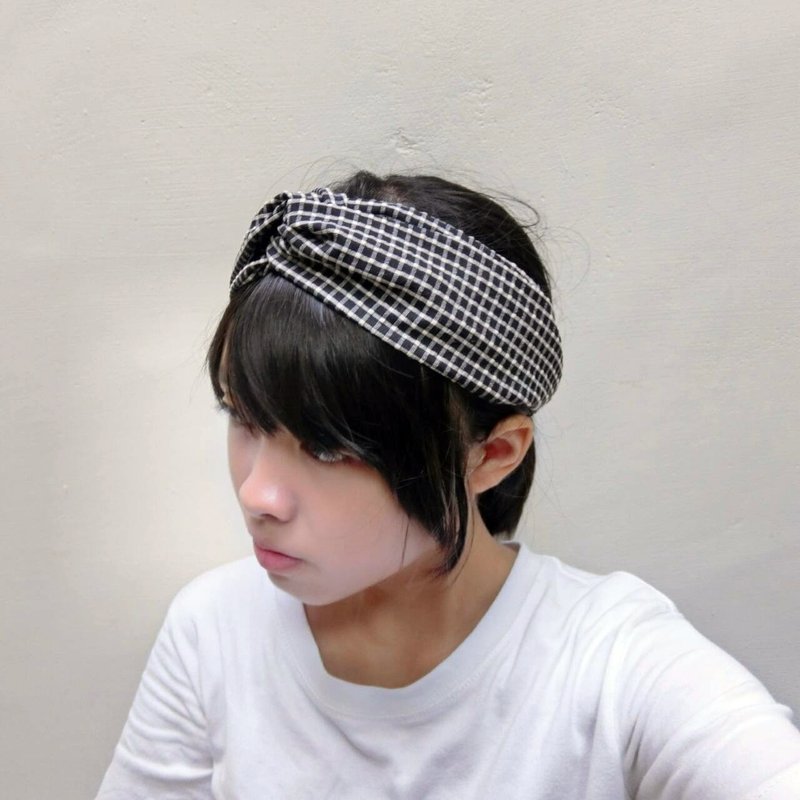 黑色格纹~交叉款发带 headband  *SK* - 发带/发箍 - 棉．麻 