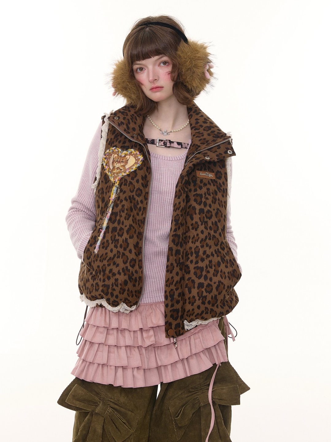 ziziFei秋冬新款美式设计感加厚棕色豹纹蕾丝花边棉服马甲外套女 - 女装上衣 - 其他材质 