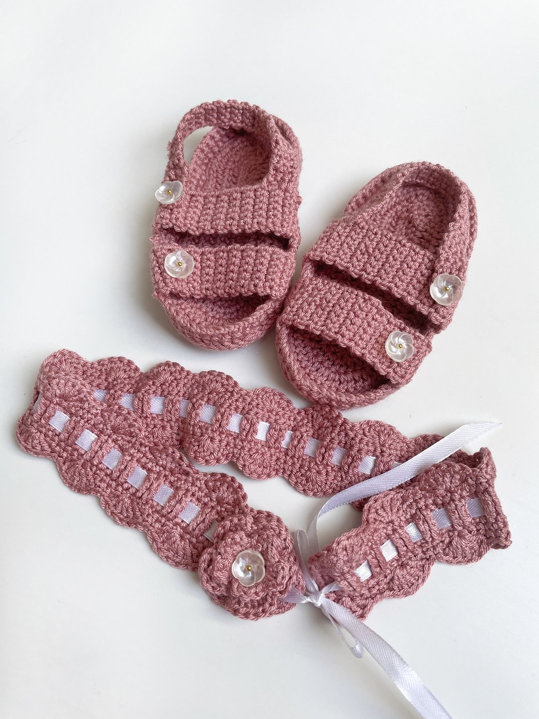 Summer baby shoes and headband, Floral baby headband, Crochet booties, sandals - 婴儿鞋 - 棉．麻 粉红色